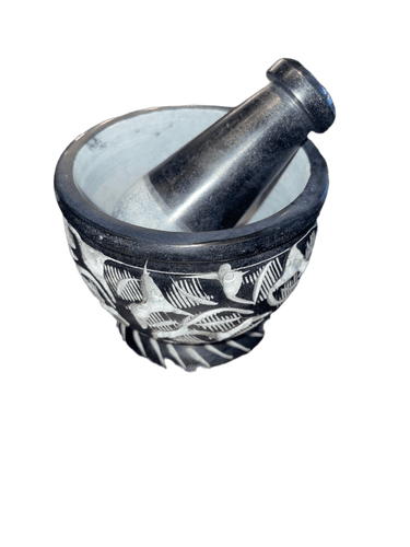 Leaf Carved Soapstone Mortar & Pestle - Witch Chest