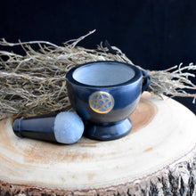 Load image into Gallery viewer, Black Soapstone Mortar &amp; Pestle with Pentacle Inlay - witchchest