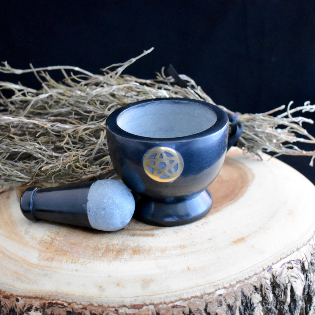 Black Soapstone Mortar & Pestle with Pentacle Inlay - witchchest