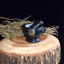Load image into Gallery viewer, Black Soapstone Mortar &amp; Pestle with Pentacle Inlay - Witch Chest