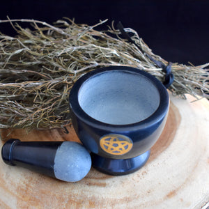 Black Soapstone Mortar & Pestle with Pentacle Inlay - Witch Chest