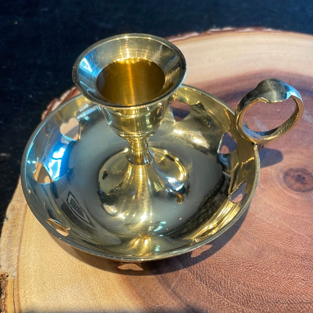 Large Brass Taper Candle Holder With Heart Border - Witch Chest
