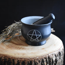 Load image into Gallery viewer, Medium Black Soapstone Mortar &amp; Pestle With Pentacle - Witch Chest