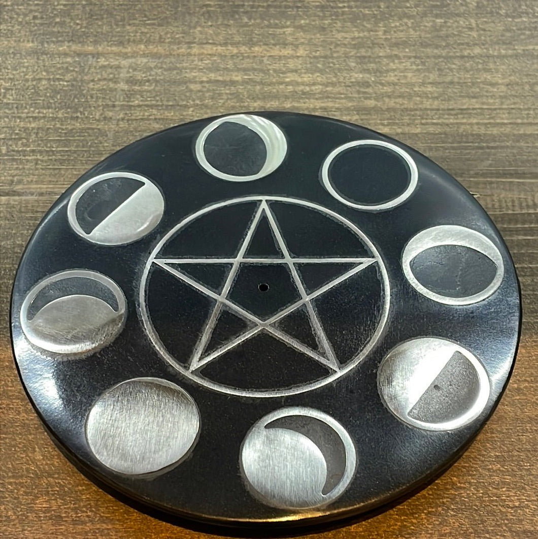 Round Black Soapstone Incense Burner With Moon Phase & Pentacle - Witch Chest