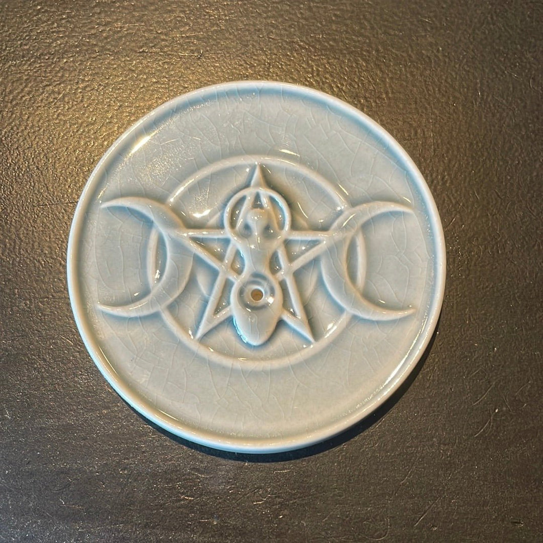 Round Ceramic Blue Triple Moon Goddess Incense Stick Burner - Witch Chest