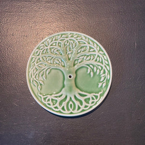 Round Ceramic Green Tree of Life Incense Stick Burner - Witch Chest