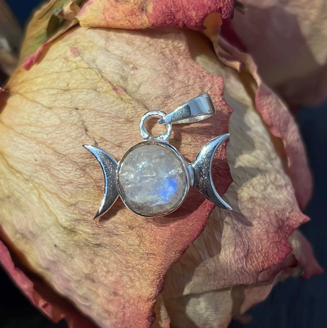 Sterling Silver Triple Moon With Rainbow Moonstone Pendant - Witch Chest