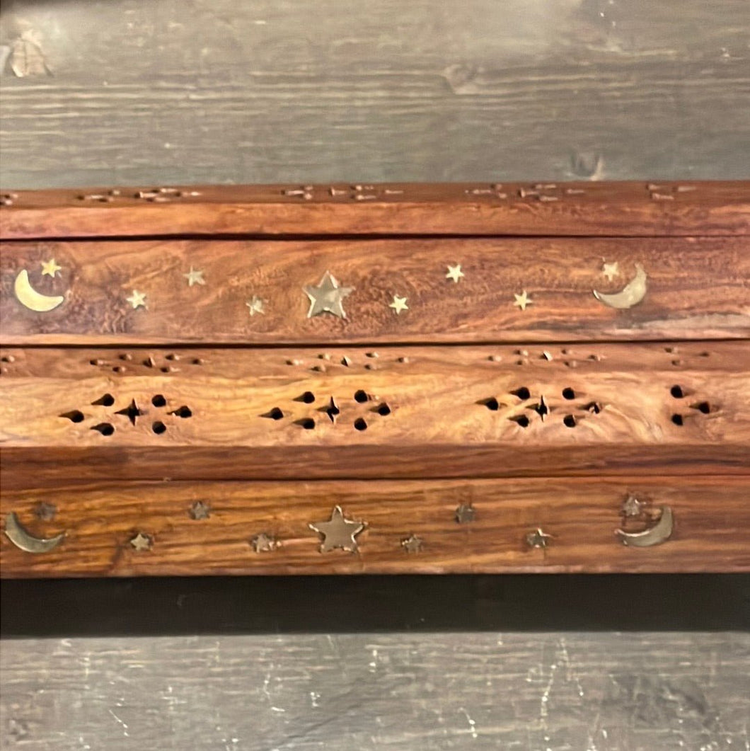 Wooden Incense Storage Box Burner with Gold Moons & Stars - Witch Chest